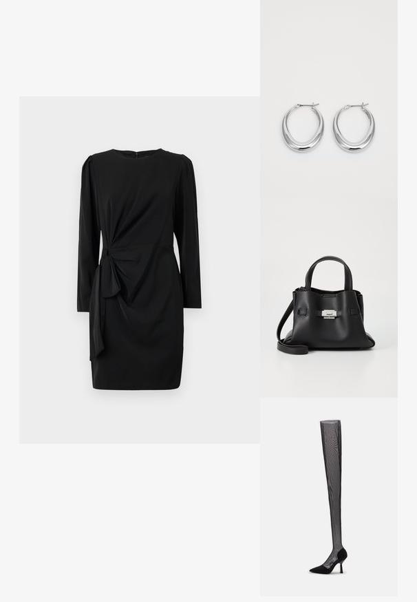 Juoda suknelė su ilgomis rankovėmis, apvaliu iškirpimu ir mazgu juosmens srityje. Pagaminta iš glotnios medžiagos su šiek tiek tekstūros.; Patrizia Pepe BOOTS - Ilgaauliai batai virš kelių - nero; Juodas odinis rankinės su tekstūruota apdaila, turintis dvi viršutinės rankenos, nuimamą peties diržą ir sidabrinį užsegimą.; Poliruoti sidabro pusmėnulio formos auskarai su užlenkiamais užsegimais ant balto fono.