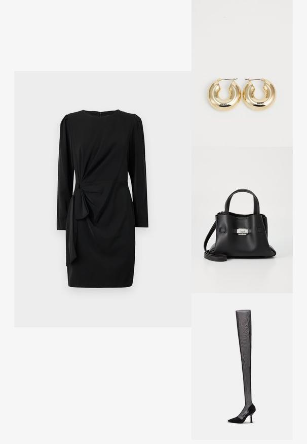 Fekete ruha hosszú ujjakkal, kerek nyakkivágással, és egy csomózott részlettel a deréknál. Simító anyagból készült, enyhe textúrával.; Patrizia Pepe BOOTS - Térd feletti csizmák - nero; Fekete bőr kézitáska struktúrált felülettel, két felső fogantyúval, levehető vállpánttal és ezüst színű csattal.; Arany fülbevalók sima, lekerekített kialakítással és fényes felülettel, biztosító kapoccsal. "DKNY" felirattal gravírozva.