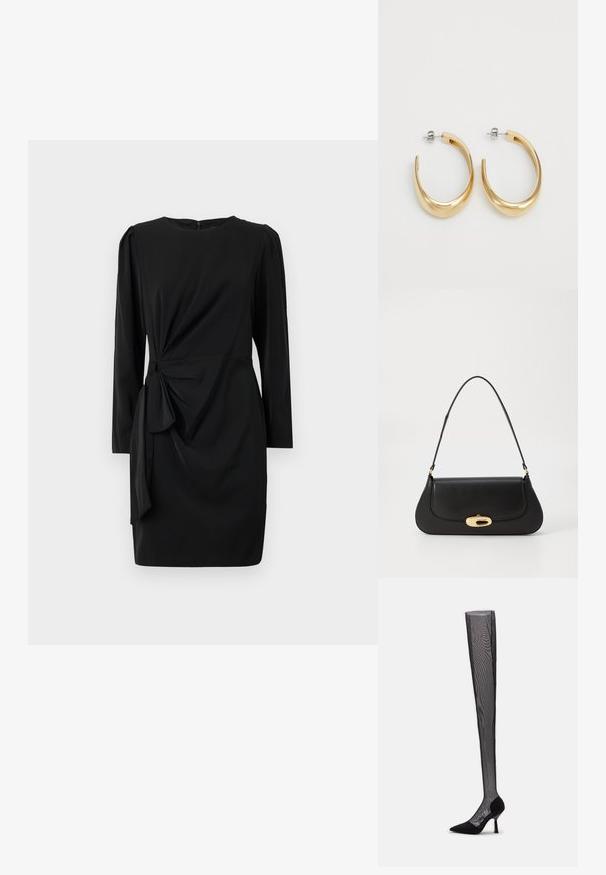 Vestido negro con mangas largas, escote redondo y un detalle anudado en la cintura. Hecho de un tejido suave con ligera textura.; Patrizia Pepe BOOTS - Botas mosqueteras - nero; Bolso de mano de cuero negro con un diseño curvado, herrajes en tono dorado y un mango superior. Presenta un cierre elegante y una textura suave.; Pendientes de aro color dorado con un diseño suave y curvado. Hechos de metal, con un acabado elegante y cierre de tipo post-back.