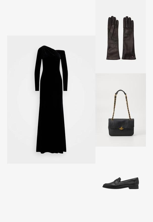 Zwarte fluwelen jurk met een getailleerde silhouet. Heeft lange mouwen en een asymmetrische halslijn, wat zorgt voor een soepele, elegante uitstraling.; Zwarte leren loafer met een gladde textuur, ronde neus en een klein verhoogd banddetail. Heeft een lage, stevige hak.; Zwarte leren handtas met een opvouwbare flap, gouden kettingriem en logo hardware details aan de voorkant. Glad textuur.; Weekend Max Mara SENAPE - Handschoenen - nero