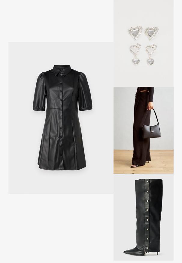 Svart lærkjole med krage, korte pufferm og knappelukking foran. Glatt tekstur med en utsvingt silhuett.; Sorte skinnhøye støvler med en tett passform, spiss tå og sølvfargede trykknapser langs siden.; Svart håndveske med strukturert form, jevn tekstur og metallisk lås. Kombinert med brede svarte bukser og sandaler med åpen tå på tregulv.; Sølv hjerteformede øredobber har fasetterte klare steiner med en teksturert ramme. Sett inkluderer både stud- og hengende stiler.