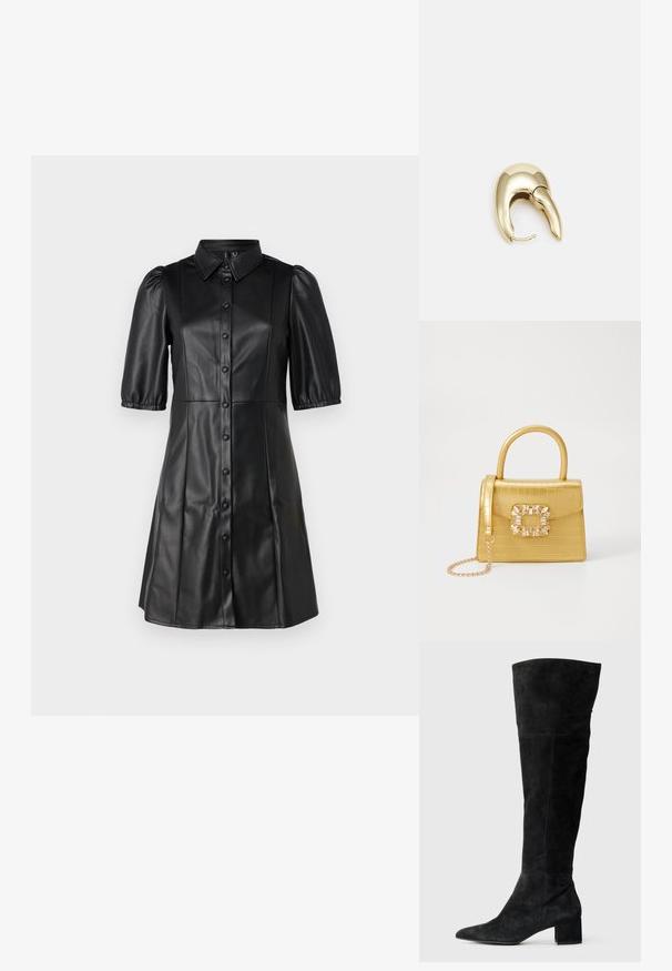 Abito in pelle nera con colletto a camicia, maniche corte a sbuffo e chiusura a bottoni sul fronte. Tessuto liscio con silhouette svasata.; Stivali neri sopra il ginocchio in suede, con punta affusolata e tacco a blocco. Texture liscia con dettagli di cucitura verticale.; Borsa finta coccodrillo gialla con design strutturato, manico superiore, tracolla a catena removibile e abbellimenti in cristallo decorativi sulla chiusura.; Orecchino in metallo color oro con un design elegante e curvo. Presenta una forma appuntita distintiva, superficie lucida e chiusura a cerniera.