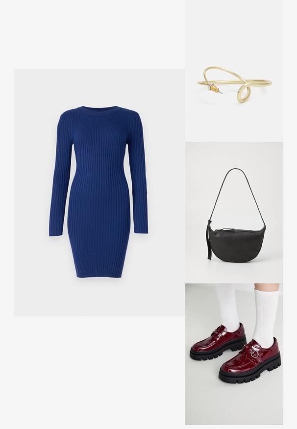 Blå ribbet strikket kjole med lange ermer, rund hals og en tettsittende silhuett, med vertikale linjer gjennom hele for tekstur.; Burgunderfargede patentlædersko med en kraftig sort sål, dobbelt rem med hjerte detaljer og ribbede hvide sokker. Retro design med tykkere skridsikker bund.; Svart lær skulderveske med buet form, enkel stropp, glidelås-lukking, og diskret sømdetaljering langs kroppen.; Gullfarget metallarmbånd med flytende, buet design. Har en liten, markant, sølvfarget aksent i den ene enden.