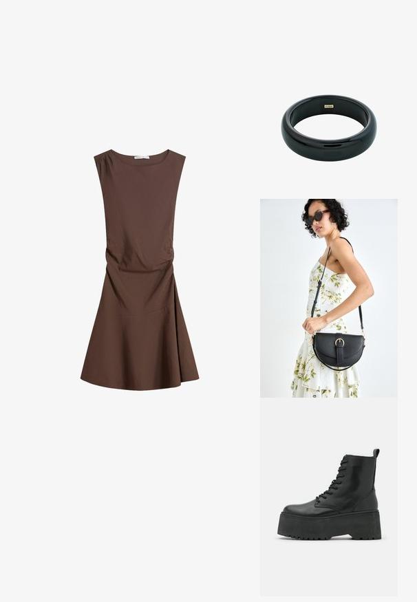 Bezramenné hnědé šaty po kolena s kulatým výstřihem a mírným bočním nařasením, široká sukně na bílém pozadí.; Černé kotníkové boty s robustní platformou, vyrobené z hladké kůže, se šněrovacími prvky a poutkem na zadní straně.; Černá kožená kabelka s křivkovým tvarem, odnímatelným popruhem a zlatými detaily. Kabelka má klopu s přezkou.; Černý pryskyřicový náramek s hladkým, lesklým povrchem a zaoblenými okraji. Na vnitřní straně se nachází malé zlaté logo "Pilgrim".