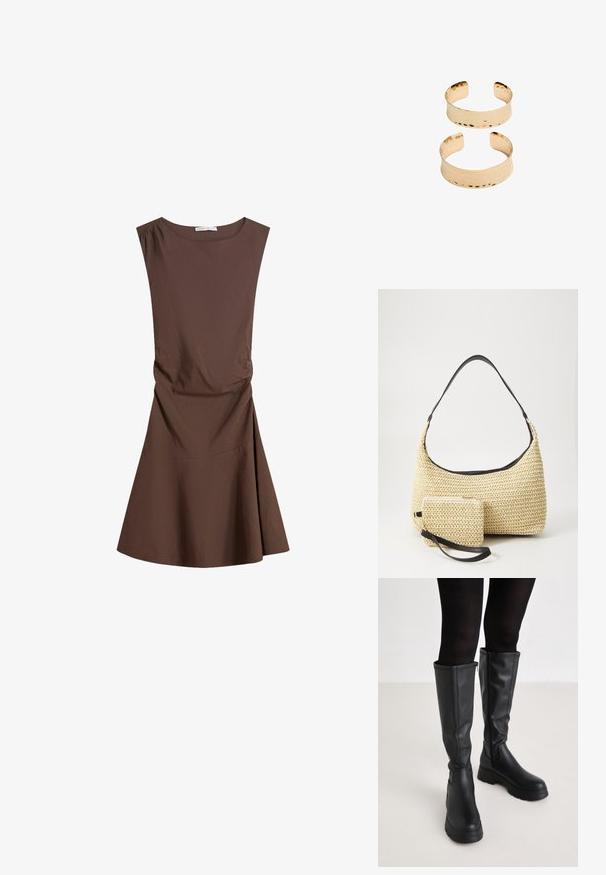Bezramenné hnědé šaty po kolena s kulatým výstřihem a mírným bočním nařasením, široká sukně na bílém pozadí.; Even&Odd Kozačky na platformě - black; Tkaná slaměná taška s zakřiveným siluetou, která má hladký černý kožený popruh a odpovídající malou taštičku připevněnou zápěstním páskem.; Zlaté kovové náramky s hammered texturou, s otevřeným designem a hladkými okraji. Zobrazeny jsou dvě velikosti: jedna širší, druhá užší.