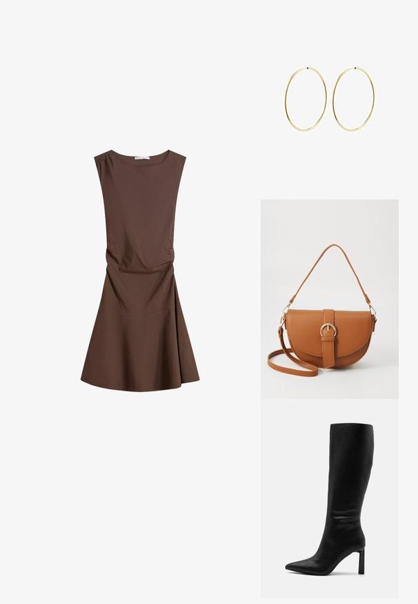 Brezrokavni rjav obleko do kolen z okroglim izrezom in rahlim stranskim gubanjem, razširjenim krilom na enobarvni beli podlagi.; Even&Odd Škornji - black; Rjava usnjena torbica prek telesa s ukrivljeno obliko, zlate opreme in sponko. Ima odstranljiv naramni trak.; Zlate obroče za ušesa z gladkim, zaobljenim dizajnom. Tanki in lahki, z neprekinjenim krogom brez okrasnih elementov.