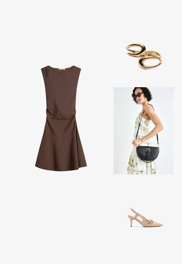 Bez rukava, smeđa haljina do koljena s okruglim izrezom i blagim naborima sa strane, lepršava suknja na praznoj bijeloj pozadini.; Bež salonke s otvorenom petom i šiljastim vrhom, s dva dekorativna kopča i potpeticom od 7 cm. Glatka tekstura kože i otvorene strane.; Crna kožna torba s lukovitim oblikom, odvojivim remenom i zlatnim detaljima. Torba ima preklop s kopčom.; Zlatno metalne naušnice koje sadrže povezani apstraktni ovalni dizajn s poliranim završetkom i otvorenim izrezima.