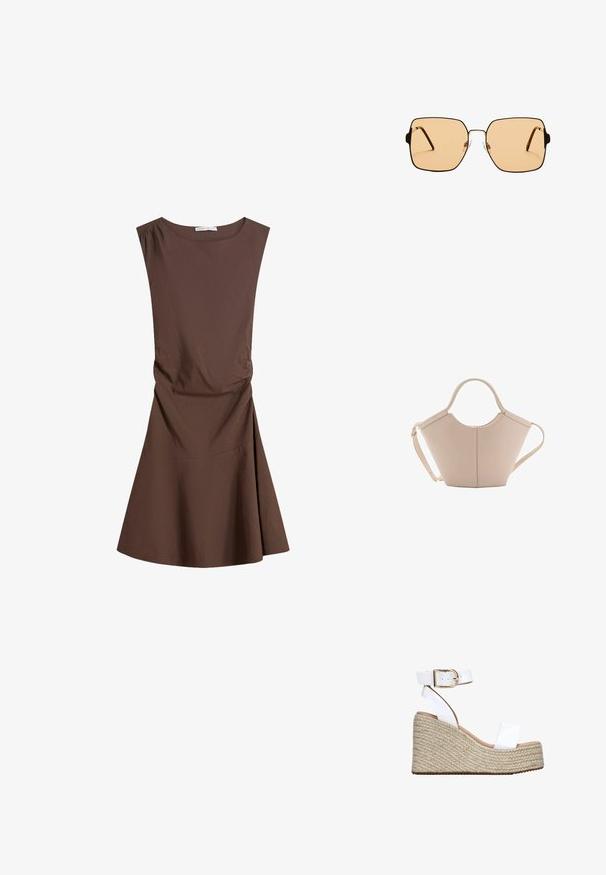 Sleeveless brown knee-length dress with round neckline and slight side ruching, flared skirt on plain white background.; White leather wedge sandal with a woven jute platform, open toe, and ankle strap featuring a gold-tone buckle and smooth texture.; Square sunglasses with brown lenses and a thin black metal frame. Features angled temples and adjustable nose pads for comfort.; Beige leather handbag with a unique shape, featuring two short handles and a long adjustable strap. Smooth texture with minimal hardware.