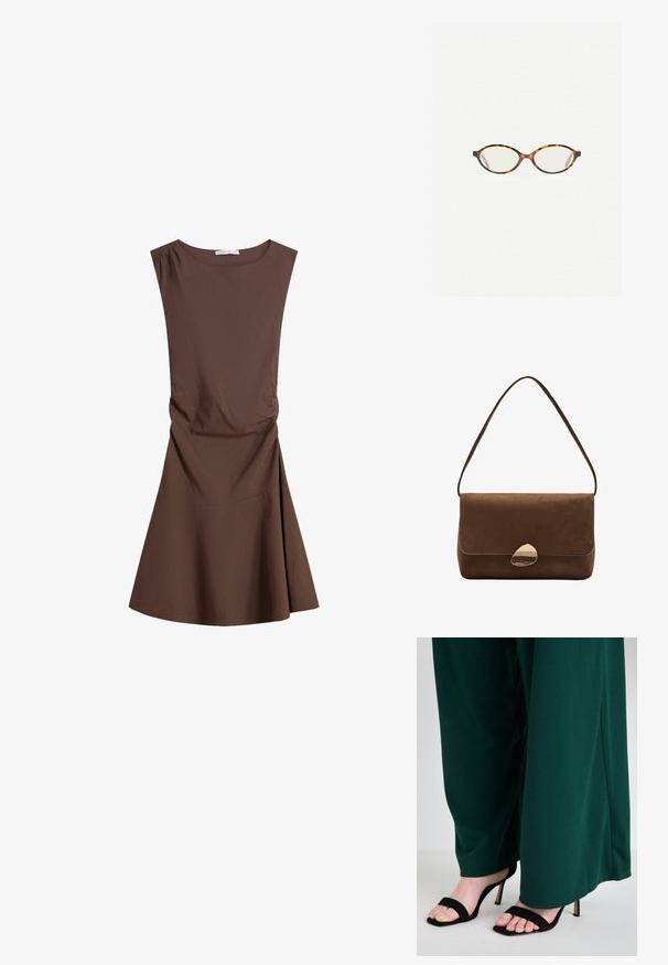 Abito marrone senza maniche, lungo fino al ginocchio, con scollatura rotonda e leggera arricciatura laterale, gonna svasata su sfondo bianco puro.; Pantaloni a gamba larga verdi realizzati in tessuto morbido, abbinati a sandali neri con tacco alto e strappi, che mettono in mostra le dita dei piedi e un design elegante.; Occhiali in tartaruga con lenti ovali e una finitura liscia e elegante. Presentano aste sottili con una leggera curva alle tempie. Lenti trasparenti.; Borsa a spalla in suede marrone con chiusura curva in oro e tracolla singola, forma rettangolare con chiusura a pattina.