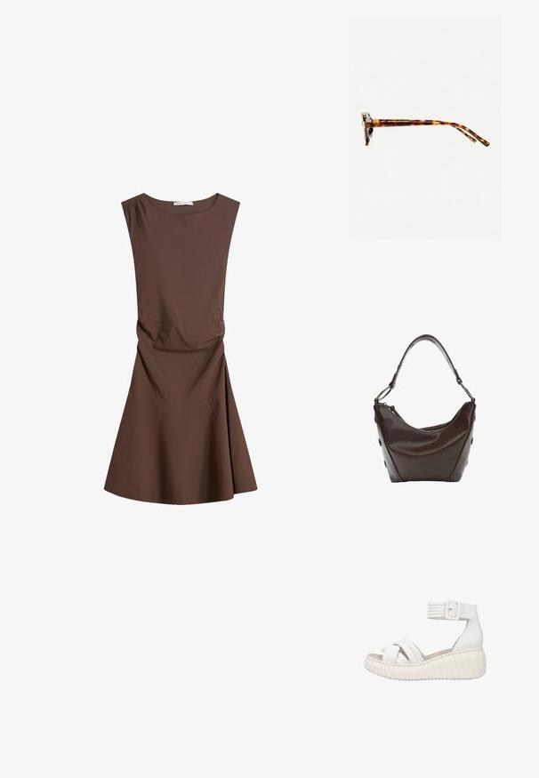 Ärmelloses, braunes, knielanges Kleid mit Rundhalsausschnitt und leichtem seitlichem Raffungen, ausgestellter Rock auf weißem Hintergrund.; Weiße Keilsandaletten mit überkreuzten Riemen, einem Schnallenknöchelriemen und einer strukturierten Sohle. Das Material wirkt glatt und lederähnlich.; Schildpatt-Sonnenbrille mit dickem Rahmen, leicht gebogenen Bügeln und glatter Textur. Sie präsentiert ein klassisches Design mit glänzender Oberfläche.; Dunkelbraune Lederhandtasche mit geschwungener Form, Reißverschlussverschluss und kurzem Griff. Sie verfügt über Metallbeschläge und dekorative schwarze Knöpfe an der Seite.