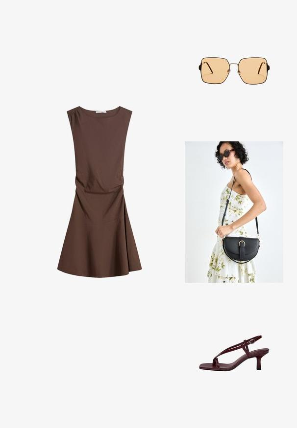 Brezrokavni rjav obleko do kolen z okroglim izrezom in rahlim stranskim gubanjem, razširjenim krilom na enobarvni beli podlagi.; Burgundske sandałe na visokem petu s kvadratnim prstom, tankimi pasovi in zaponko okoli gležnja. Gladka usnjena tekstura in tanek blok peto.; Kvadratne sončna očala z rjavimi lečami in tankim črnim kovinskim okvirjem. Imajo poševne ušesne dele in nastavljive nosne blazinice za udobje.; Črna usnjena torbica s ukrivljeno obliko, z odstranljivo naramnico in zlatimi dodatki. Torbica ima pokrov s podrobnostmi v obliki zaponke.