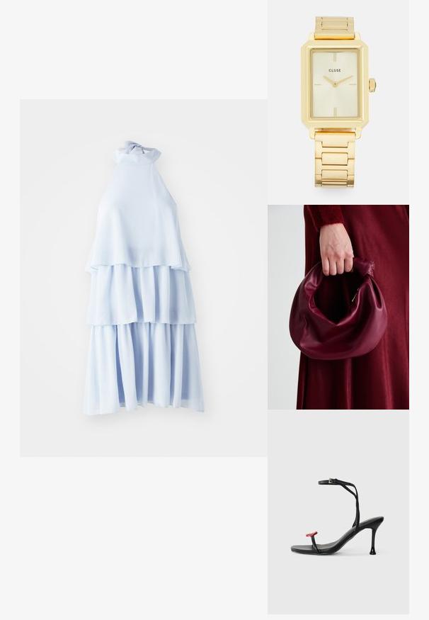 Robe halter bleu clair en tissu doux, avec trois couches superposées offrant une silhouette fluide et un détail de cou noué.; Sandale noire à talons avec une fine lanière de cheville et un accent rouge sur les orteils. Présente un design épuré et une finition brillante avec un talon aiguille.; Sac à main en cuir bordeaux au design doux et froncé, avec une forme arrondie. La poignée est fixée, mettant en valeur une texture lisse.; Montre rectangulaire en or au design minimaliste, avec un cadran crème, des aiguilles dorées et un bracelet en maillons métalliques. Les marquages incluent le nom de la marque.