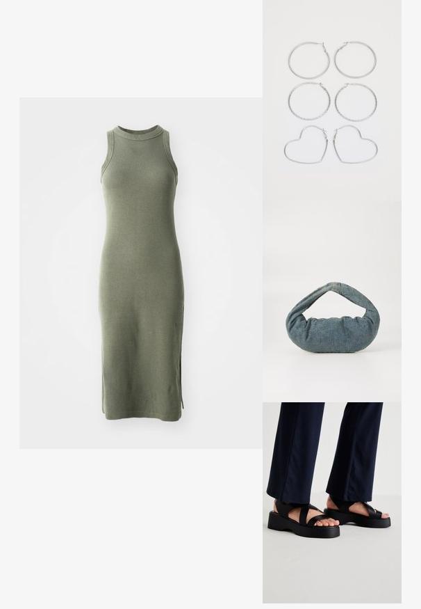 Robe sans manches en maille vert olive, avec un col haut, une texture côtelée et des fentes latérales pour plus de confort.; Sandales noires à plateforme avec de larges sangles croisées et une semelle épaisse. La tige est en matériau lisse, présentant un design ouvert à l'avant.; Sac en denim bleu avec une forme arrondie et rembourrée et une poignée courbée. La texture est douce, avec des coutures visibles et une finition lisse.; Boucles d'oreilles en argent disponibles en trois styles : rondes lisses, rondes torsadées et en forme de cœur. Présentant des fermoirs simples et une finition polie.