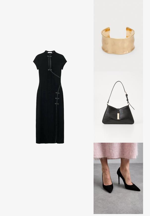 Černé šaty s krátkým rukávem, vypasovaný design, vysoký límec, boční otvor, zdobené dekorativními knoflíky a kontrastním prošíváním.; Černé semišové lodičky s špičatou špičku a jehlovými podpatky. V kombinaci s růžovou chlupatou sukní je hlavním bodem pozornosti design a textura bot.; Černá kabelka vyrobená z materiálu s embosovaným krokodýlím vzorem, s trojúhelníkovým tvarem, štíhlým ramenním popruhem a zlatým kovovým detailem uprostřed.; Náramek na zápěstí v zlatém tónu se hladkým, vlnitým povrchem, s texturovaným vnitřkem a otevřeným designem, vytvářející organický tvar.