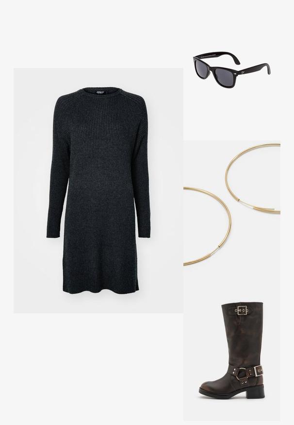 Vestito a maglia a costine grigio scuro con maniche lunghe, scollatura rotonda e una vestibilità comoda. L'orlo è leggermente curvato.; Steve Madden BEAU - Stivali texani / biker - brown; Occhiali da sole in plastica nera con una classica montatura quadrata, lenti scure e un logo su un'asta. Texture liscia e senza decorazioni visibili.; Orecchini a cerchio color oro, sottili e rotondi, con una finitura metallica liscia e senza decorazioni o motivi.