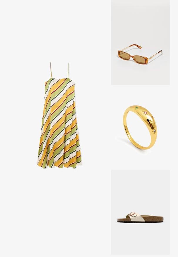 A sleeveless dress with a flowing shape, featuring diagonal stripes in green, yellow, and white with red accents, made of smooth fabric.; Slide sandal featuring a light metallic upper, cork footbed, and textured brown rubber sole. Buckle detail with logo accent.; Brown tortoiseshell sunglasses with rectangular frames, gold metal arms, and light brown lenses. Sleek design, no visible logos.; Gold-toned ring with a smooth, rounded band featuring five star accents, each set with colored gemstones in pink, green, and blue.