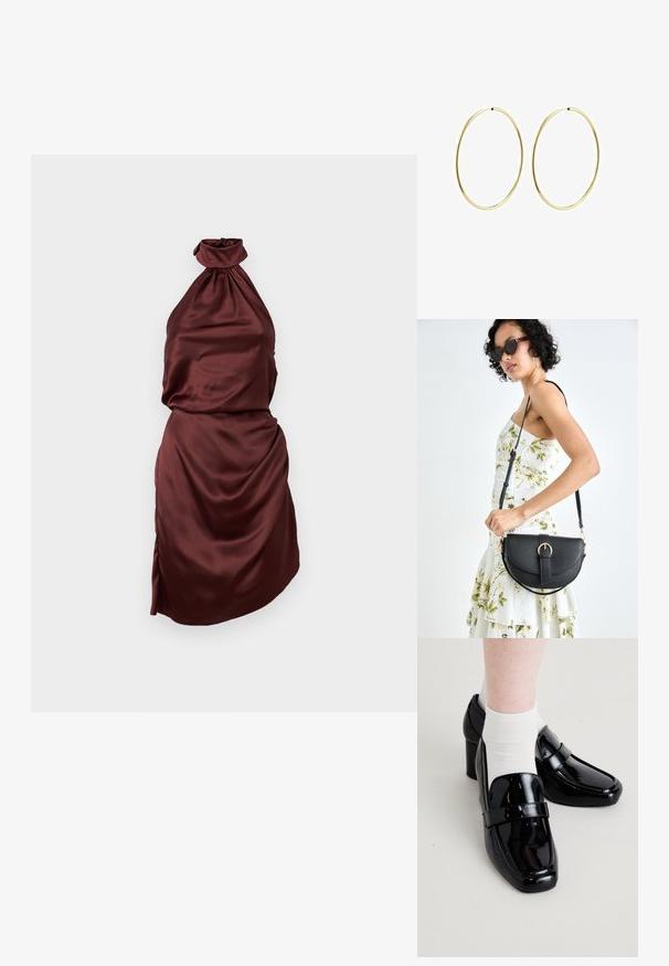 Burgundijos satino halter stiliaus suknelė su susirinkusia iškirpte, prigludusia liemene ir drapiruota sijona, turinti šoninį skilimą. Lygus paviršius.; Juodi lakinės odos loafai su kvadratiniais pirštais ir iškiliu kulnu, turintys lygią tekstūrą ir išsikišusią horizontalią juostą viršuje.; Juodas odinis krepšys su išlenkta forma, nuimamu dirželiu ir auksiniais detalėmis. Krepšys turi kilpą su sagtimi.; Aukso žiediniai auskarai su lygiu, suapvalintu dizainu. Ploni ir lengvi, su nuolatiniu kilpeliu be jokio papuošimo.