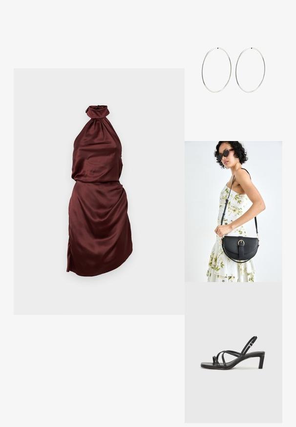 Burgundy satin halter-neck dress with a gathered neckline, fitted bodice, and draped skirt, featuring a side slit. Smooth texture.; Black strappy sandal with a square toe and a low block heel. Features multiple thin straps and an adjustable ankle strap. Made of smooth leather.; Black leather handbag with a curved shape, detachable strap, and gold hardware. The bag features a flap with a buckle detail.; Silver hoop earrings with a smooth, round design and a polished finish. They are thin and lightweight, featuring a simple clasp closure.