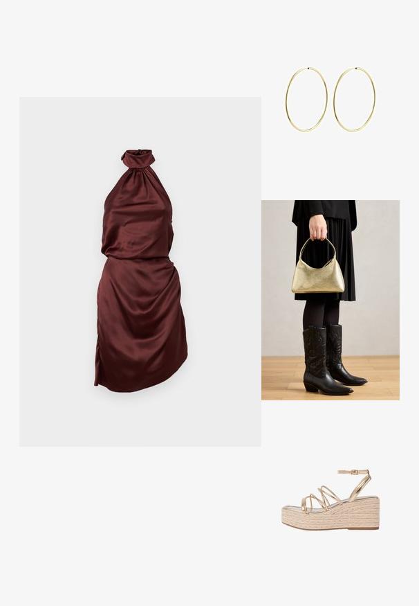Burgundy sametti halterneck-mekko, jossa on kerrostettu kaula-aukko, sopiva vartalo-osa ja laskostettu helma, jonka sivussa on halkio. Suuri silkkinen rakenne.; Kultaiset metallinväriset wedge-sandaalit, joissa on palmikkoinen juuttialusta, useita ohuita nauhoja ja nilkkapanta tuen tarjoamiseksi.; Kultainen teksturoitu käsilaukku, jossa on kaareva muoto ja lyhyt kahva, jota pitää henkilö, joka käyttää mustaa laskostettua hametta ja mustia nahkasaappaita.; Kultaiset rengaskorvakorut, joissa on sileä ja pyöristetty muotoilu. Ohuet ja kevyet, sisältäen jatkuvan lenkin ilman mitään koristeita.
