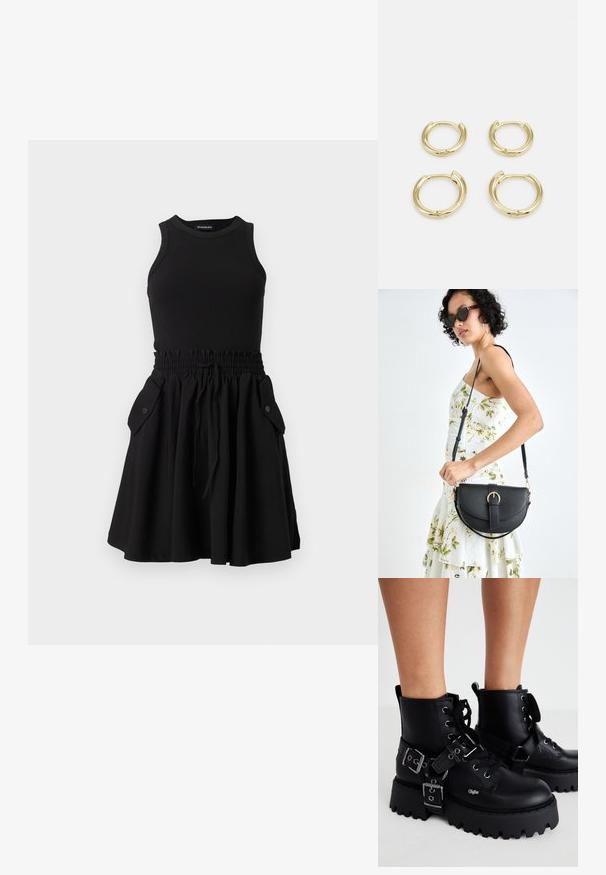 Černé bezramínkové šaty s žebrovaným vrškem a rozšířenou sukénkou. Obsahují elastický pas a dvě boční kapsy s knoflíky.; Buffalo ASPEN - Kotníkové boty na platformě - black; Černá kožená kabelka s křivkovým tvarem, odnímatelným popruhem a zlatými detaily. Kabelka má klopu s přezkou.; Zlaté kruhové náušnice, čtyři kusy, hladký povrch, zakřivený design, různé velikosti, s kloubovým zapínáním pro snadné nošení.