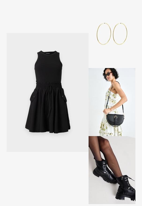 Juodas be rankovių suknelė su raukiniu viršuje ir plazdančia sijonu. Su elastine juosmens juosta ir dviem šoninėmis kišenėmis su mygtukais.; Even&Odd Wide Fit Suvarstomi aulinukai - black; Juodas odinis krepšys su išlenkta forma, nuimamu dirželiu ir auksiniais detalėmis. Krepšys turi kilpą su sagtimi.; Aukso žiediniai auskarai su lygiu, suapvalintu dizainu. Ploni ir lengvi, su nuolatiniu kilpeliu be jokio papuošimo.