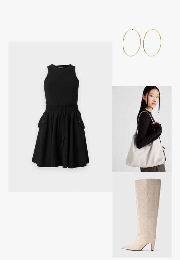 Melna bez piedurknēm, ar ribotām piedurknēm un izplesto svārku. Iekšējā elastīgā jostasvieta un divas sānu kabatas ar pogām.; Krēms krāsas mākslīgā krokodila ādas ceļgalu zābaki ar asu purngalu un šauru papēdi. Gluda virsma ar izteiksmīgu rakstu gar zābaka kāju.; Bežs rokassoma, izgatavota no mīksta materiāla, ar brīvu dizainu, izšūtu apdari un divām plecu siksnām. Piemērota ikdienas lietošanai.; Zelta riņķa auskari ar gludu, noapaļu dizainu. Plāni un viegli, ar nepārtrauktu cilpu bez jebkādām rotājumām.