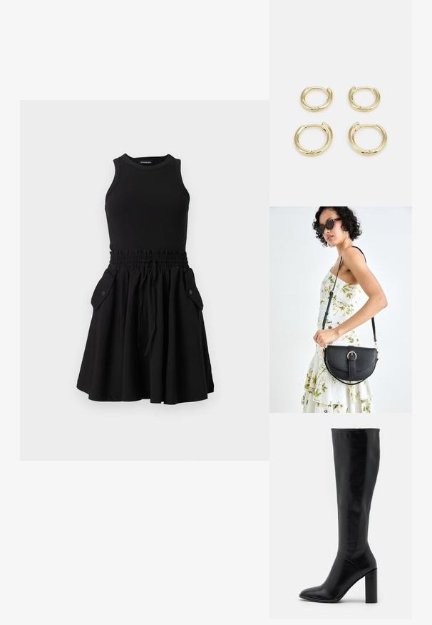 Vestido preto sem mangas com um topo riscado e uma saia rodada. Apresenta uma cintura elástica e dois bolsos laterais com botões.; Botas de couro pretas até ao joelho com ponta fina e salto robusto. Textura lisa com acentos mínimos e um design ajustado na parte superior.; Bolsa de couro preta com forma curva, alça destacável e detalhes em dourado. A bolsa possui uma aba com detalhe de fivela.; Brincos em ouro, quatro peças, acabamento liso, design arredondado, tamanhos variados, com fecho articulado para fácil uso.