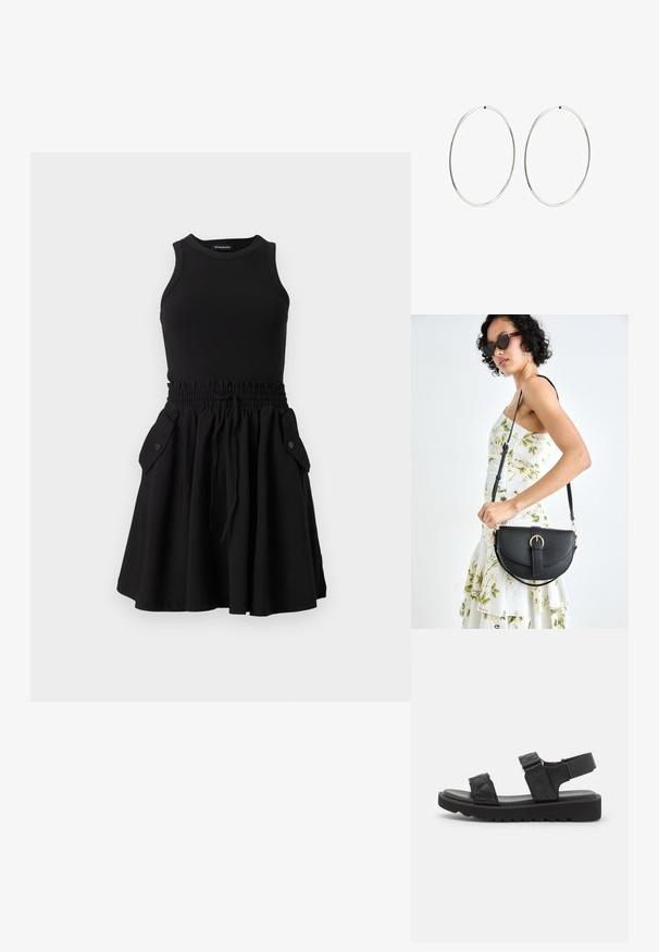 Black sleeveless dress with a ribbed top and a flared skirt. Features an elastic waistband and two side pockets with buttons.; Black platform sandals with quilted straps, open toe, and adjustable ankle strap. Textured rubber sole with zigzag pattern for grip.; Black leather handbag with a curved shape, detachable strap, and gold hardware. The bag features a flap with a buckle detail.; Silver hoop earrings with a smooth, round design and a polished finish. They are thin and lightweight, featuring a simple clasp closure.