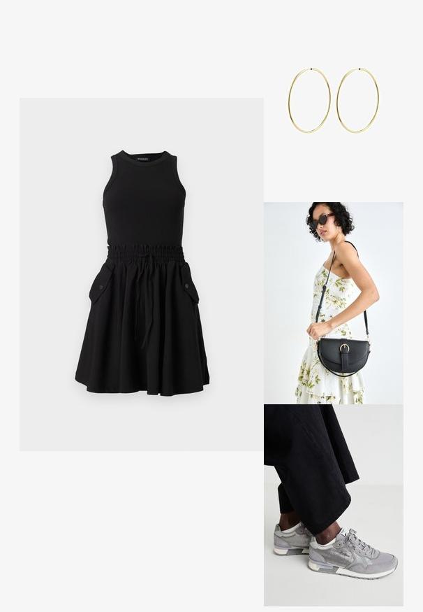 Musta hihaton mekko, jossa on ribattu yläosa ja laineileva helma. Mekossa on joustava vyötärö ja kaksi sivutaskua, joissa on napit.; Harmaat lenkkarit, joissa on verkko- ja mokkamateriaaleja, valkoisella pohjalla, vaaleanharmailla yksityiskohdilla ja kengännauhoilla. Yhdistettyinä löysiin mustiin kangashousuihin.; Musta nahkainen käsilaukku, joka on kaareva muotoilultaan, irrotettavalla hihnalla ja kultaisilla yksityiskohdilla. Laukussa on läppä, jossa on solk yksityiskohta.; Kultaiset rengaskorvakorut, joissa on sileä ja pyöristetty muotoilu. Ohuet ja kevyet, sisältäen jatkuvan lenkin ilman mitään koristeita.