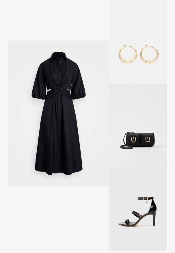 Robe noire à boutons, avec un col pointu, des manches bouffantes et un design noué à la taille. Texture lisse et jupe évasée pleine longueur.; Sandale en cuir verni noir avec trois brides, boucle de cheville et talon aiguille de 10 cm. Présente un détail en métal doré et un charm logo.; Sac en cuir noir porté en travers avec deux poches avant, boucles dorées, fermeture zippée et une sangle fine. Surface texturée et forme rectangulaire compacte.; Boucles d'oreilles créoles en ton or avec un design lisse et arrondi, dotées d'une fermeture en fil fin et d'une finition polie pour un aspect brillant.