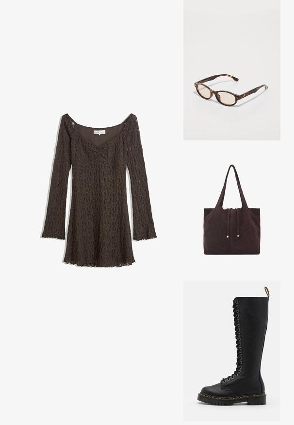 Abito in pizzo marrone con maniche lunghe, design off-shoulder, motivo floreale, dettaglio raccolto sul davanti e orlo a onda.; Stivali neri in pelle al ginocchio con suola spessa, caratterizzati da una chiusura a lacci, occhielli metallici e cuciture gialle a contrasto.; Occhiali da sole tartarugati con forma arrotondata e lenti chiare. Presentano aste robuste con piccoli dettagli dorati, realizzati in materiale plastico.; Mango Shopping bag - dark brown