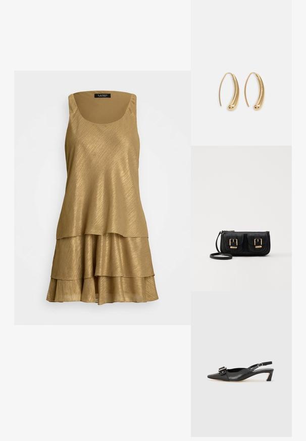 Zlata brezrokavna obleka iz sijoče, strukturirane tkanine z večplastnim krilom, ki vključuje dve vodoravni ruflni.; Črne usnjene slingback čevlje z ostrim nosom, majhnim petam in dekorativno sponko na zgornjem delu. Gladka tekstura, minimalistična zasnova.; Črna usnjena torbica čez ramo z dvema sprednjima žepoma, zlatimi zaponkami, zadrgo in ozkim pasom. Tekstura površine je strukturirana, obliko pa ima kompaktno pravokotno.; Zlato-tonirani kovinski uhani v obliki obroča s krivuljo in podolgovato obliko. Imajo gladko, sijočo površino in zaobljen vrh za dodaten detajl.