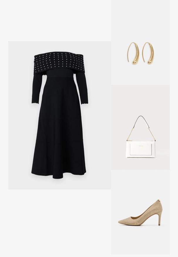 Fekete, váll nélküli ruha hosszú ujjakkal, bordázott textúrával, hullámos széllel, és ezüst szegecsekkel a nyaknál és a melltartón.; Beige, hegyes orrú magassarkú cipő, textúrált anyagból készült felsőrészel, keskeny sarokkal és finom csillogással a részletekhez.; Fehér bőr kézitáska, texturált felülettel, arany lánccal és fekete részletekkel. Elülső zsebbel és cipzáros zárással rendelkezik.; Aranyszínű fémből készült karika fülbevalók ívelt, hosszúkás formával. Simaságával és fényes felületével, valamint lekerekített végével további részletekkel bővül.