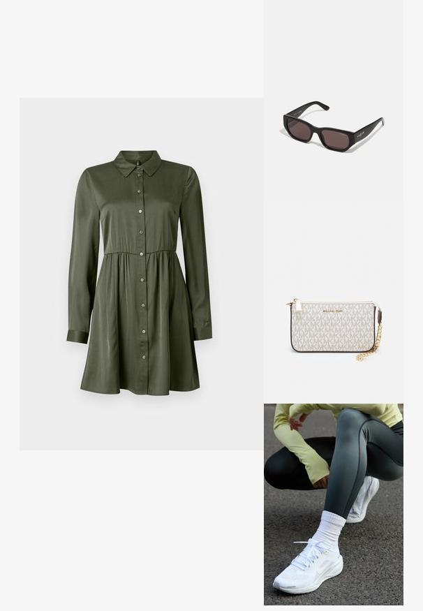 Robe boutonnée à manches longues de couleur vert olive, avec une taille cintrée et un col, jupe légèrement évasée et manches à revers.; Des chaussures de sport blanches avec une tige en mesh, des lacets plats et une semelle rembourrée, associées à des leggings vert foncé et un haut à manches longues jaune clair.; Lunettes de soleil rectangulaires noires avec des verres sombres. Présentent une monture en plastique lisse et un logo sur la branche. Design épuré et moderne.; Porte-monnaie Michael Kors en toile enduite beige avec un motif répété de logo MK, des accessoires en or et une bandoulière en chaîne amovible.