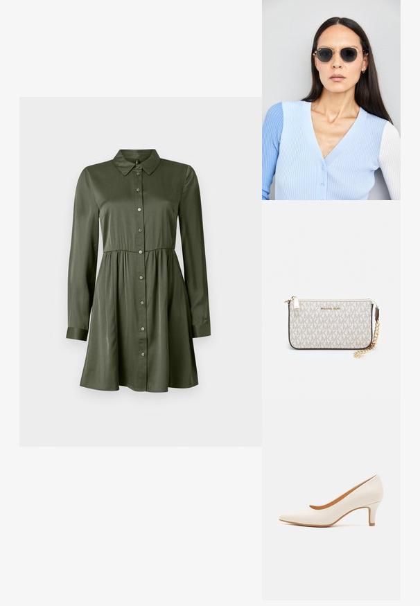 Abito verde oliva con maniche lunghe, bottoni, vita aderente e colletto, gonna leggermente svasata e maniche con polsini.; Scarpa con tacco alto in pelle bianca, con punta affusolata e tacco slim leggermente inclinato. Texture liscia con un design minimalista e suola color nocciola.; Occhiali da sole rotondi con lenti scure e montatura dorata. Il modello indossa un cardigan leggero azzurro a costine con bottoni e maniche bianche a contrasto.; Wristlet Michael Kors in tela rivestita beige con motivo a logo MK ripetuto, hardware dorato e tracolla a catena staccabile.; Orecchini metallici dorati con un design ondulato; superficie liscia e riflettente; forma asimmetrica; nessun motivo o hardware visibile.