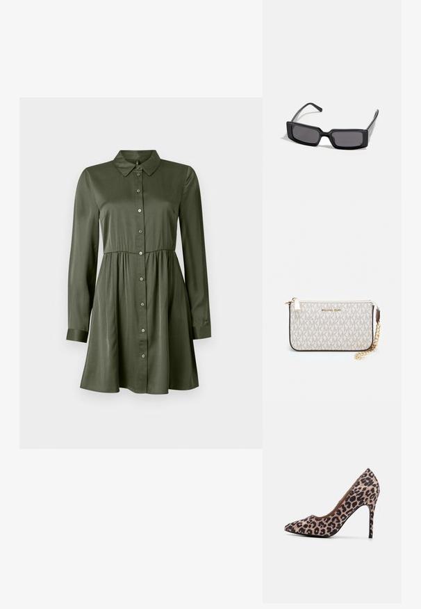 Kostýmové šaty s dlouhým rukávem v olivově zelené barvě, s vypasovaným pasem a límečkem, mírně rozšířenou sukní a manžetovými rukávy.; Lodička na vysokém podpatku s leopardím vzorem, špičatou špičkou, texturovanou tkaninou, 10 cm stiletto podpatkem a hladkým vnitřním podšíváním.; Černé sluneční brýle s obdélníkovým rámem, tmavými čočkami a hladkým lesklým povrchem. Mají tenké nožičky s jemným logem na boku.; Kabelka na zápěstí Michael Kors v béžové potažené plátno s opakujícím se vzorem loga MK, zlatými kovovými doplňky a odnímatelným řetízkovým popruhem.; Zlaté kovové náušnice s vlnitým designem; hladký, lesklý povrch; asymetrický tvar; žádné viditelné vzory nebo hardware.