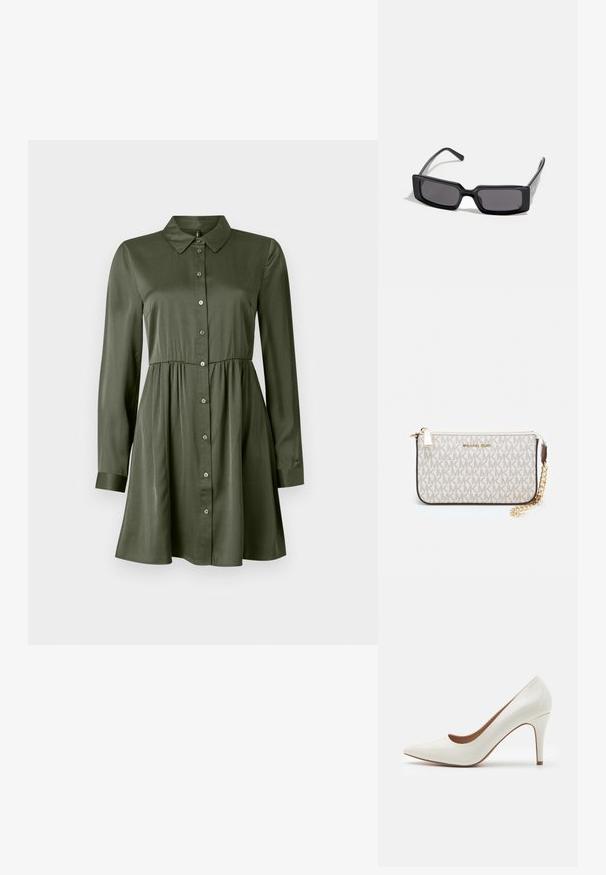 Robe boutonnée à manches longues de couleur vert olive, avec une taille cintrée et un col, jupe légèrement évasée et manches à revers.; Chaussure à talon haut en cuir verni blanc avec un bout pointu et une surface lisse, dotée d'un talon fin et d'une découpe basse autour de l'ouverture.; Lunettes de soleil noires avec une monture rectangulaire, verres foncés et finition lisse et brillante. Présentent des branches fines avec un logo discret sur le côté.; Porte-monnaie Michael Kors en toile enduite beige avec un motif répété de logo MK, des accessoires en or et une bandoulière en chaîne amovible.; Boucles d'oreilles en métal doré avec un design ondulé ; surface lisse et réfléchissante ; forme asymétrique ; sans motifs ni éléments visibles.