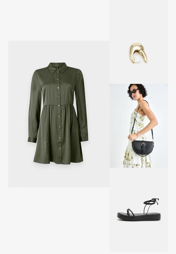Dolga olivno zelena obleka s podolgimi rokavi in gumbi, s prilegajočim se pasom in ovratnikom, rahlo razširjenim krilom in manšetami.; Črne ravne sandale s širokim podplatom, tankimi trakovi in nastavljivim vezanjem okoli gležnja. Gladka tekstura z minimalističnim dizajnom.; Črna usnjena torbica s ukrivljeno obliko, z odstranljivo naramnico in zlatimi dodatki. Torbica ima pokrov s podrobnostmi v obliki zaponke.; Uhane nakit iz zlatastega tona z gladko, ukrivljeno zasnovo. Ima edinstveno koničasto obliko, polirano površino in zaponko s tečajem.