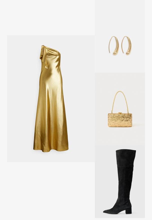 Zlaté saténové šaty s jedným ramienkom a viazaním na ramene, s hladkou, lesklou textúrou a dĺžkou až po zem.; Čierne semišové čižmy nad kolená s špicatou špičkou a hrubým podpätkom. Hladká textúra s bočným prešívaním a priliehavým strihom.; Zlatá flitrová listová taška s obdĺžnikovým tvarom, vybavená skrúteným reťazovým držadlom a kovovým uzatváraním, odrážajúca svetlo s textúrovaným povrchom.; Náušnice vo forme zlatých kovových kruhov s zakriveným, predĺženým tvarom. Majú hladký, lesklý povrch a zaoblený koniec pre pridanie detailu.