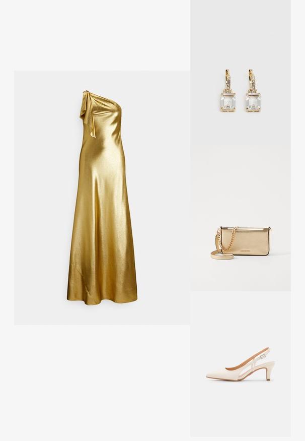 Haljina od zlatnog satena na jedno rame s detaljem vezanja na ramenu, s glatkom, sjajnom teksturom i dizajnom do poda.; Bijela slingback peta s oštrim vrhom, glatkim gornjim materijalom, niskom blok peta te dizajnom s bočnim izrezom i podešivom kopčom.; Metalna zlatna kožna torbica s teksturiranom površinom, opremljena zlatnim lancem i uklonjivom naramenicom. Utisnuti logotip branda.; Zlatne naušnice s pravokutnim, prozirnim kristalom koji visi ispod niza malih, okruglih prozirnih akcenata. Elegantni, moderni dizajn.