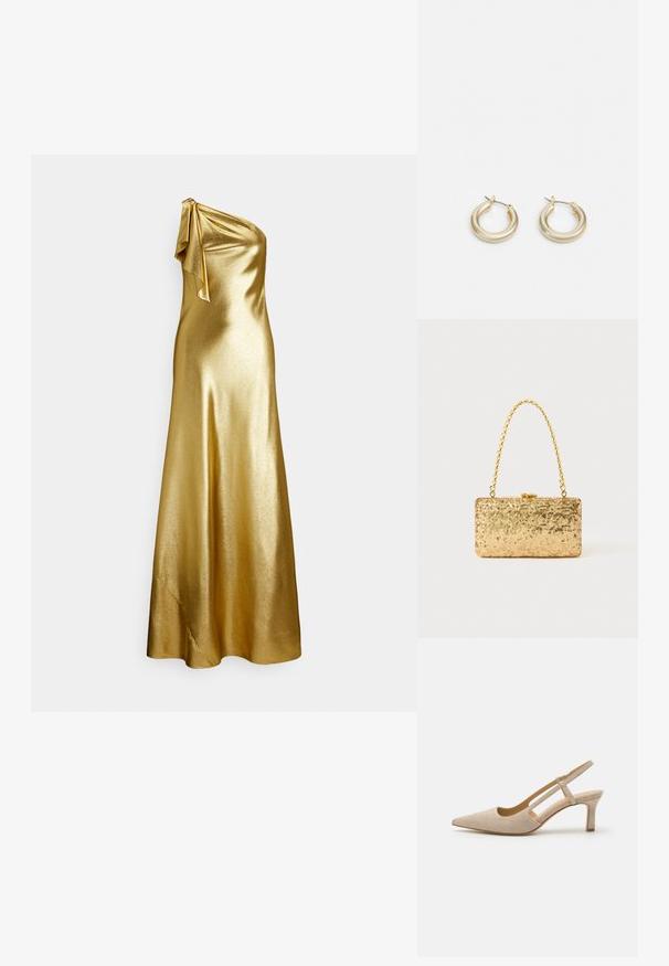 Abito in raso oro a una spalla con dettaglio a nodo sulla spalla, caratterizzato da una texture liscia e lucida e da un design lungo fino a terra.; Décolleté slingback in suede beige con punta affusolata, dettagli laterali a taglio e tacco moderato. Texture liscia e design della banda semplice.; Clutch oro in paillettes con forma rettangolare, dotata di una maniglia in catena attorcigliata e una chiusura a scatto in metallo, che riflette la luce con una finitura testurizzata.; Lauren Ralph Lauren BASIC SMALL HOOP - Orecchini - gold-coloured