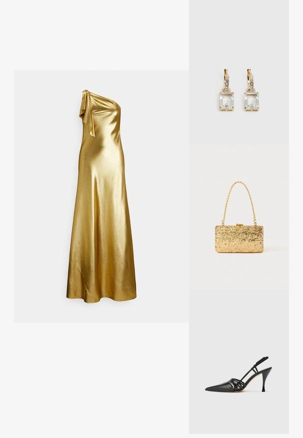Vestido de cetim dourado com um ombro só, detalhe de laço no ombro, textura suave e elegante, e design comprido até ao chão.; Sapato slingback de couro preto com salto alto, bico fino, design de tiras cruzadas e salto stiletto slim. Textura suave e acentos mínimos.; Clutch dourada em lantejoulas com formato retangular, apresentando uma alça de corrente torcida e um fecho de metal, refletindo a luz com um acabamento texturizado.; Brincos em tom de ouro com um cristal retangular claro pendurado abaixo de uma linha de pequenos acentos redondos claros. Design elegante e moderno.