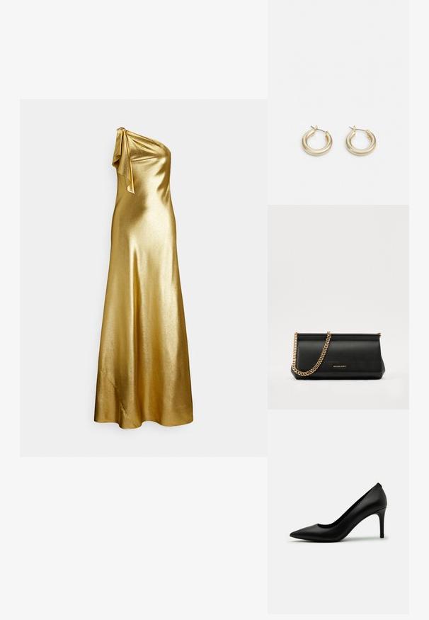 Gold satin kjole med én skulder og bindedetalje ved skulderen, med en glat, glansfuld tekstur og gulvlængde.; Sorte højhælede pumps lavet af glat læder, med en spids tå og en slank stilettohæl. Minimalistisk design uden synlige udsmykninger.; Sort læder clutch taske med en guldkæde strop, der har en glat tekstur, rektangulær form og præget branding på forsiden.; Lauren Ralph Lauren BASIC SMALL HOOP - Øreringe - gold-coloured