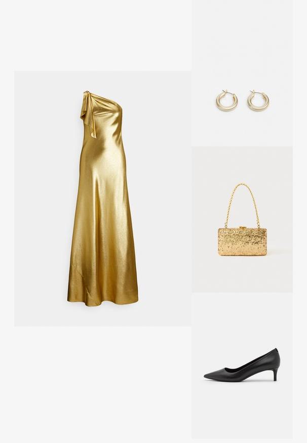 Ühe õlaga kuldne satiinist kleit, millel on õlal sõlme detail, sile ja läikiv tekstuur ning põrandani ulatuv lõige.; Must mustaadiga mustast nahast teravapea pump madala kontsaga. Sile tekstuur, voolujooneline disain ja peened detailid kontsas.; Kullatud kaunistustega kott ristküliku kujuga, millel on keeratud ahelast käepide ja metallist lukuga sulgur, peegeldades valgust tekstuurse viimistlusega.; Lauren Ralph Lauren BASIC SMALL HOOP - Kõrvarõngad - gold-coloured