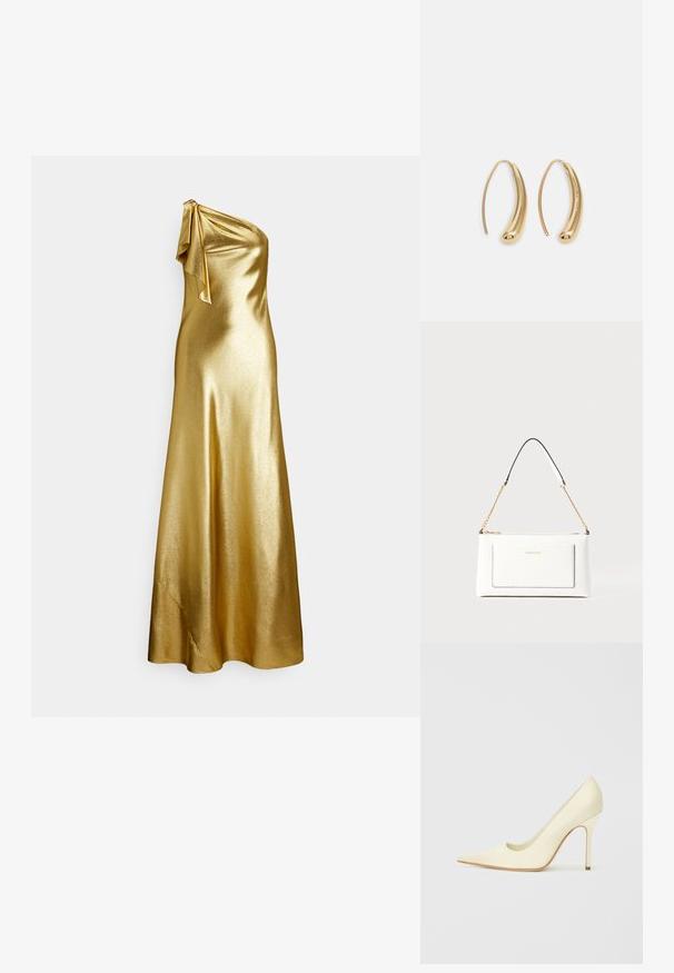 One-shoulder gold satin dress with a tie detail at the shoulder, featuring a smooth, sleek texture and floor-length design.; High-heeled pump made of smooth cream-colored leather. Features a pointed toe, sleek silhouette, and a thin stiletto heel.; White leather handbag with a textured finish, featuring a gold chain strap and black accents. Includes a front pocket and zipper closure.; Gold-tone metal hoop earrings with a curved, elongated shape. Features a smooth, shiny surface and a rounded tip for added detail.