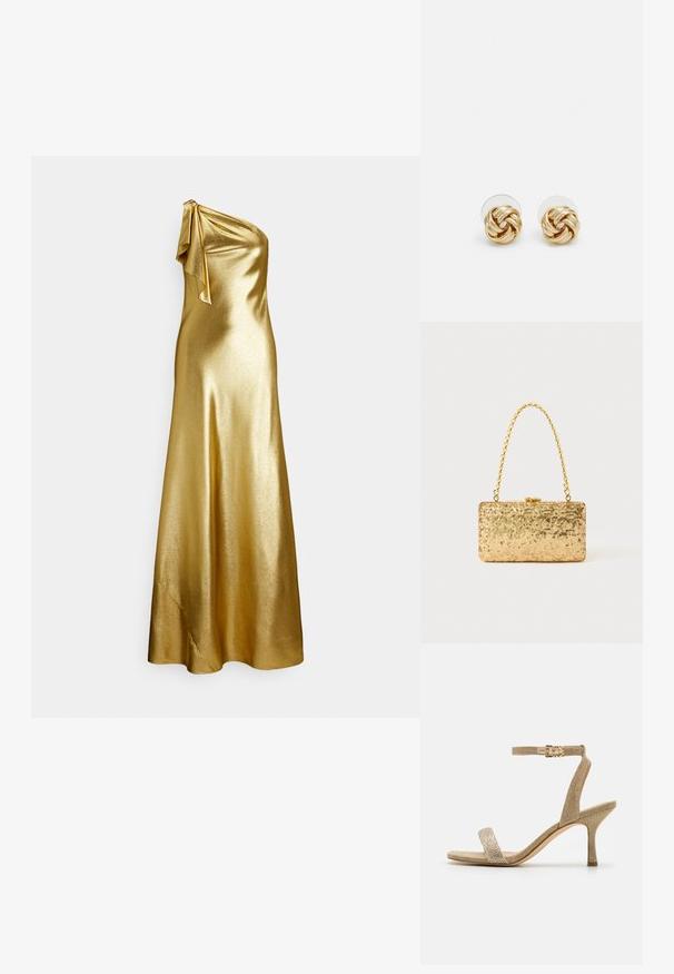 Złota sukienka z satyny z jednym odsłoniętym ramieniem i wiązaniem na ramieniu, charakteryzująca się gładką, elegancką teksturą i sięgająca do podłogi.; Złote sandały na wysokim obcasie z fakturowanym wykończeniem, cienkim paskiem wokół kostki i wąskim pasem z przodu, z delikatnym zdobieniem.; Złota kopertówka z cekinami o prostokątnym kształcie, z zakręconym uchwytem w postaci łańcuszka oraz metalowym zapięciem, odbijająca światło o fakturowanym wykończeniu.; Złote kolczyki w kształcie węzła z twisted design. Każdy kolczyk posiada okrągłe, przezroczyste oparcie zapewniające pewność noszenia.