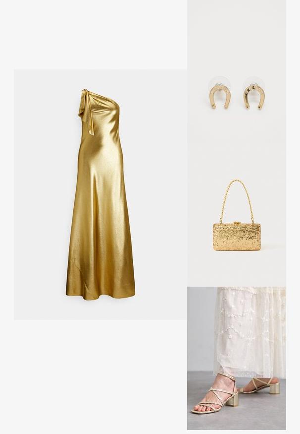 One-shoulder gold satin dress with a tie detail at the shoulder, featuring a smooth, sleek texture and floor-length design.; Stuart Weitzman WOVETTE ANKLE STRAP - Sandals - light gold; Gold sequin clutch with a rectangular shape, featuring a twisted chain handle and a metal clasp closure, reflecting light with a textured finish.; Gold horseshoe-shaped stud earrings with six small clear gemstones on each, displayed on transparent backing against a white background.