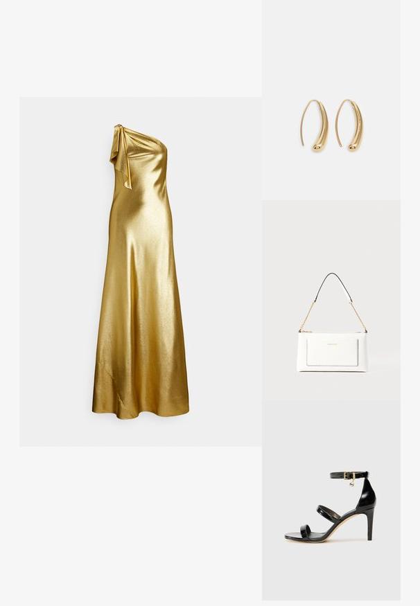 Ühe õlaga kuldne satiinist kleit, millel on õlal sõlme detail, sile ja läikiv tekstuur ning põrandani ulatuv lõige.; Must musta nahk sandaal kolme rihmaga, pahkluu vööga ja 4-tollise stilettakontsaga. Omab kuldset detaili ja logovõtit.; Valge nahast kott tekstureeritud viimistlusega, millel on kuldne kettling ja mustad aktsendid. Include eesmine tasku ja tõmblukk.; Kuldtoonilised metallist rõngas kõrvarõngad, millel on kõver ja piklik kuju. Omavad siledat, läikivat pinda ja ümarat tipptugevdust, mis lisab detaili.