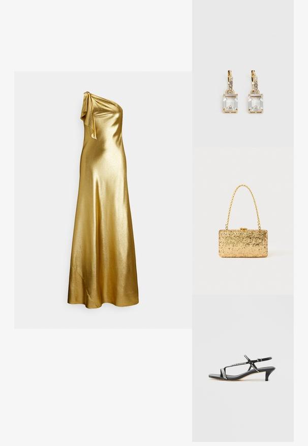 Vestido de cetim dourado com um ombro só, detalhe de laço no ombro, textura suave e elegante, e design comprido até ao chão.; Sandálias pretas de salto alto com tiras cruzadas e aplicações de strass, apresentando um salto baixo e uma textura suave e mate.; Clutch dourada em lantejoulas com formato retangular, apresentando uma alça de corrente torcida e um fecho de metal, refletindo a luz com um acabamento texturizado.; Brincos em tom de ouro com um cristal retangular claro pendurado abaixo de uma linha de pequenos acentos redondos claros. Design elegante e moderno.