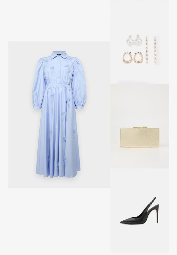 Ein hellblaues Kleid mit Kragen, langen Puffärmeln, elastischem Bund und dreidimensionalen Schleifendetails am Rock.; Schwarzer, lederner Slingback-Schuh mit hohem Absatz und spitzer Zehenform, ausgestattet mit einem dünnen Absatz und einem verstellbaren Knöchelriemen mit goldfarbener Schnalle.; Goldene Clutch mit glatter, metallischer Oberfläche, rechteckiger Form und einem einfachen Druckverschluss. Keine sichtbaren Muster oder Dekorationen.; Drei Ohrringpaare: große weiße Perlenstecker, goldene Creolen mit klaren Edelsteinen und zwei lange, gerade goldene Akzentohrringe mit funkelneden Details.